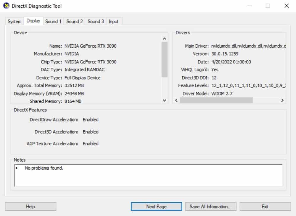 using dxdiag to check graphics card and drivers