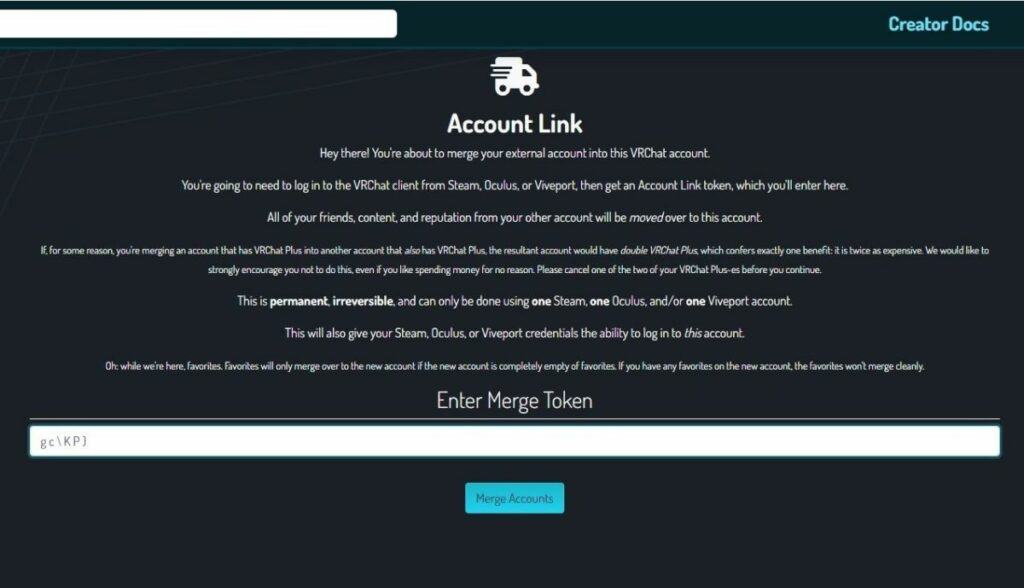 Enter merge token to link your VRChat account and Steam/Oculus account