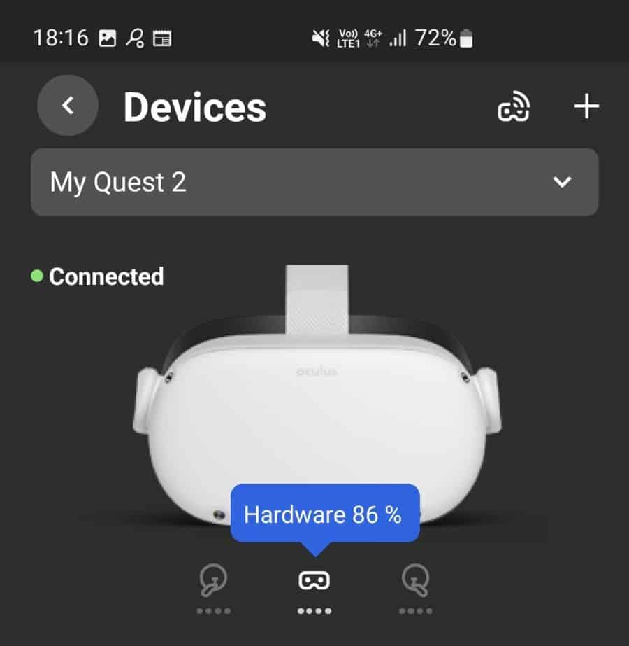 Meta Oculus Quest 2 battery indicator on phone app