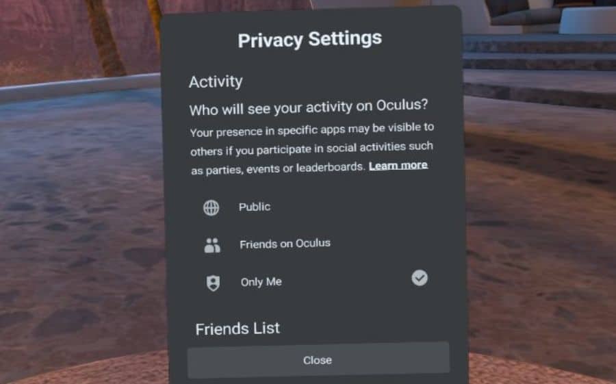 Privacy Settings screen on Oculus Quest 2