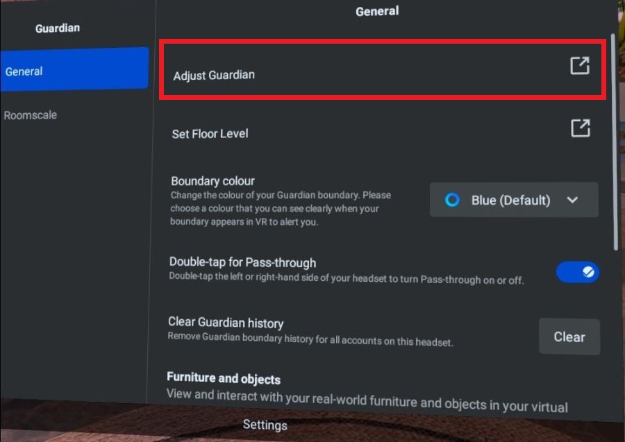 Reset Guardian on Oculus Quest 2 in the Guardian settings menu