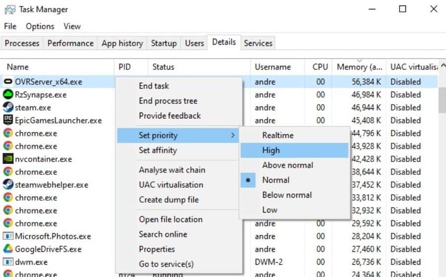 Set "OVRServer_x64.exe" Process Priority To High to reduce air link lag