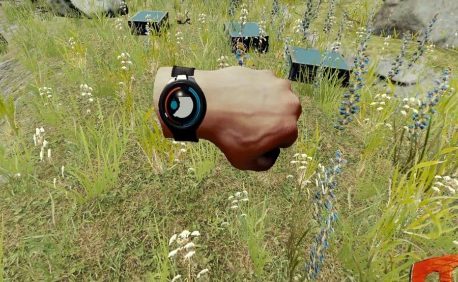 Your watch in The Forest VR shows your health, hydration, and armor.