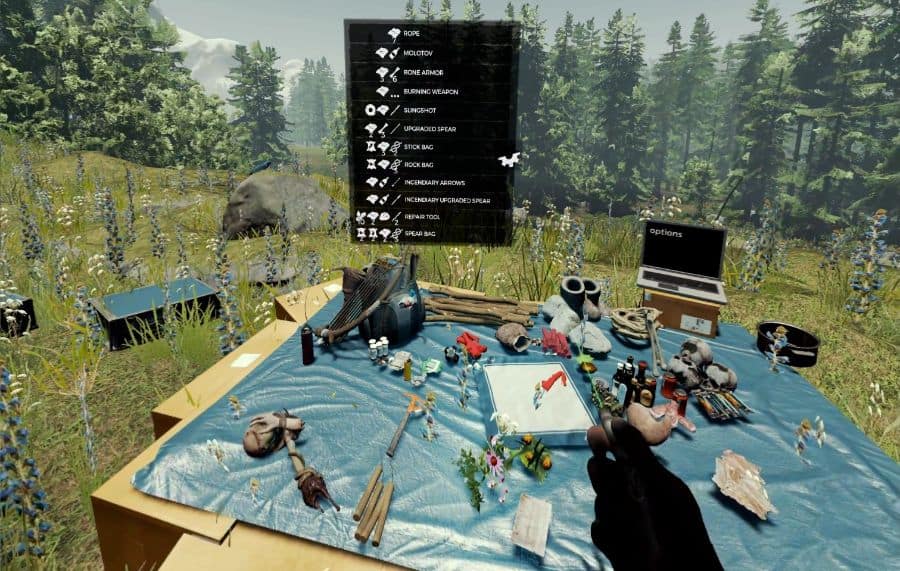 The cog icon will tell you what items can be created from any raw material in The Forest VR