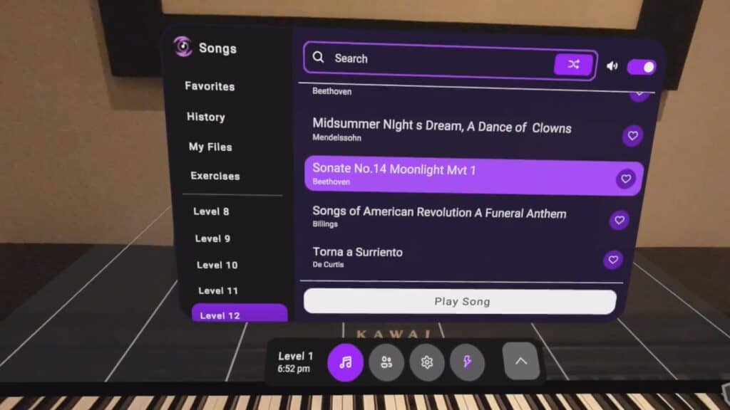Song selection screen in PianoVision mixed reality on Meta Quest 3