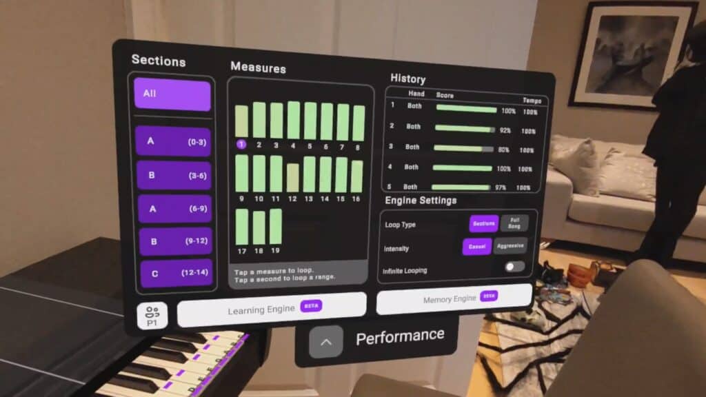 Performance information. memory engine and learning engine in PianoVision on Meta Quest 3